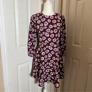 Ann Taylor LOFT Dress Size 2 Maroon Floral Long Sleeve Fit &Flare Casual